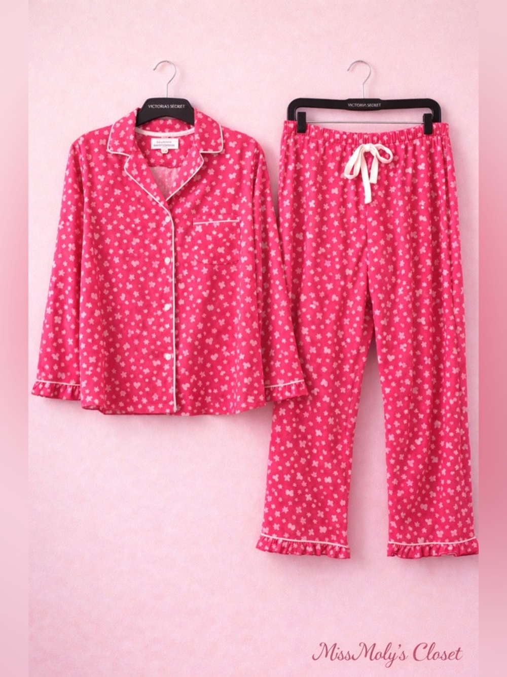 Y2K Victoria’s Secret Pink Pajama Set Hearts Stars VS Logo Medium Short